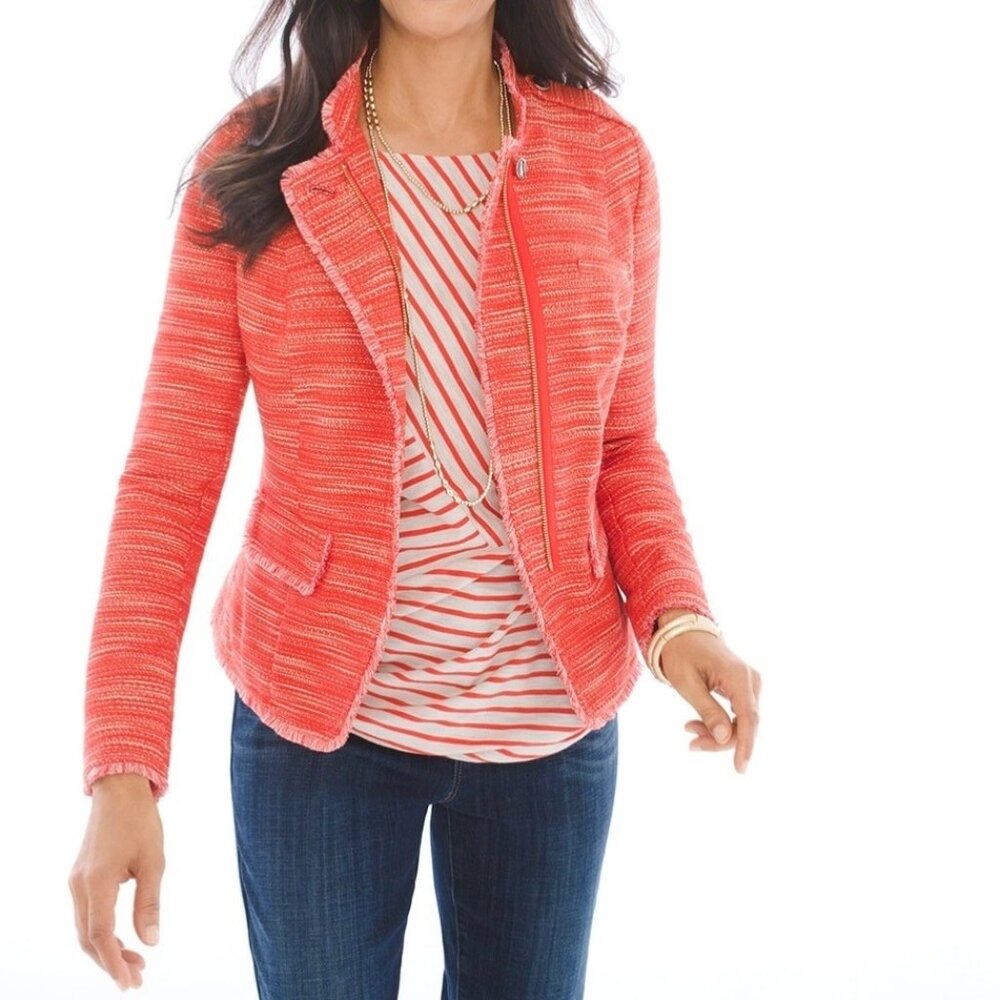 Chicos Womens Textured Fringe Jacket Garibaldi Orange Zip Front size Medium